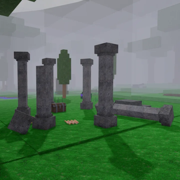 Abandoned Pillars ซากเสาหินหลายต้นและเสาที่ล้มอยู่บนพื้นในป่า