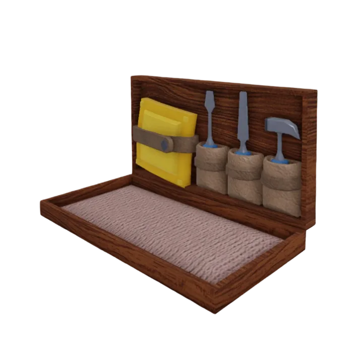 กล่อง Armour Trim Kit เปิดฝา ภายในมีเครื่องมือและแผ่นทอง