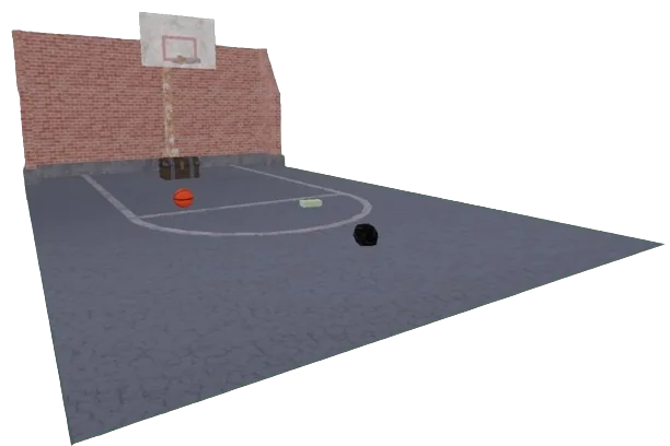 ภาพโมเดล Basketball Court พื้นสนามบาสกับแป้นบาสบนกำแพงอิฐและลูกบาส