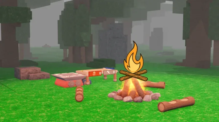 Campfire กองไฟกลางแคมป์ มีท่อนไม้และที่นั่งล้อมรอบ