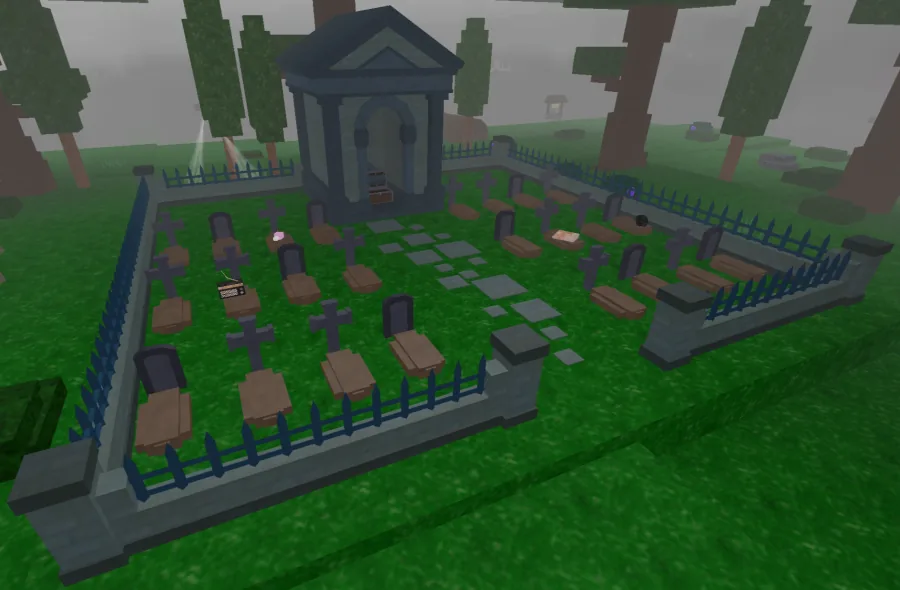 Cemetery สุสานล้อมรั้ว มีหลุมศพเรียงตามทางเดินและอาคารกลาง