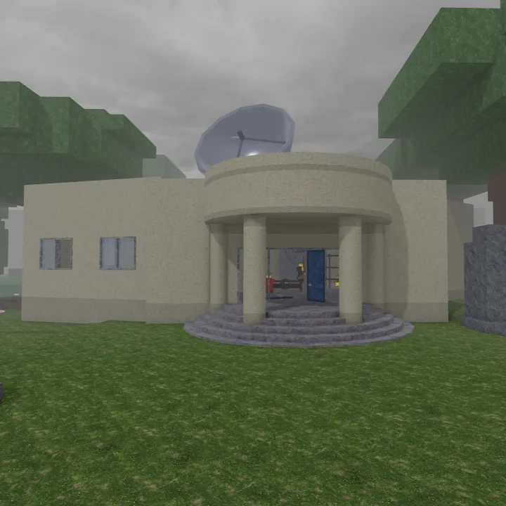 Cultist Laboratory อาคารห้องทดลองทรงกลมพร้อมจานรับสัญญาณบนหลังคา