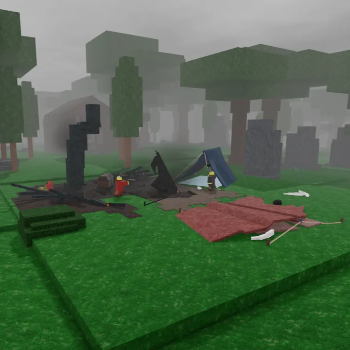 Destroyed Camp แคมป์ที่ถูกทำลาย มีเต็นท์และสิ่งของกระจายอยู่