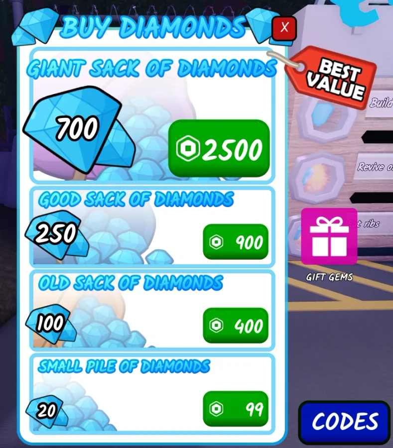 หน้าต่าง Currency Shop ที่มีปุ่ม Codes