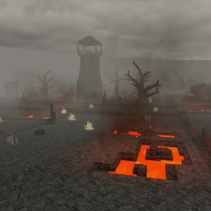 ทิวทัศน์ Volcanic Biome แสดงพื้นหินและลาวาใน 99 Nights in the Forest