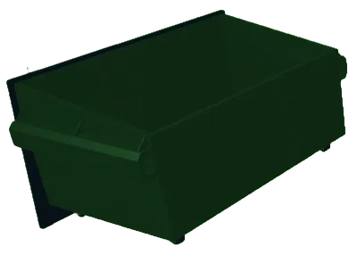 ภาพโมเดล Dumpster ถังขยะโลหะสีเขียวเข้มทรงยาวและเปิดด้านบน