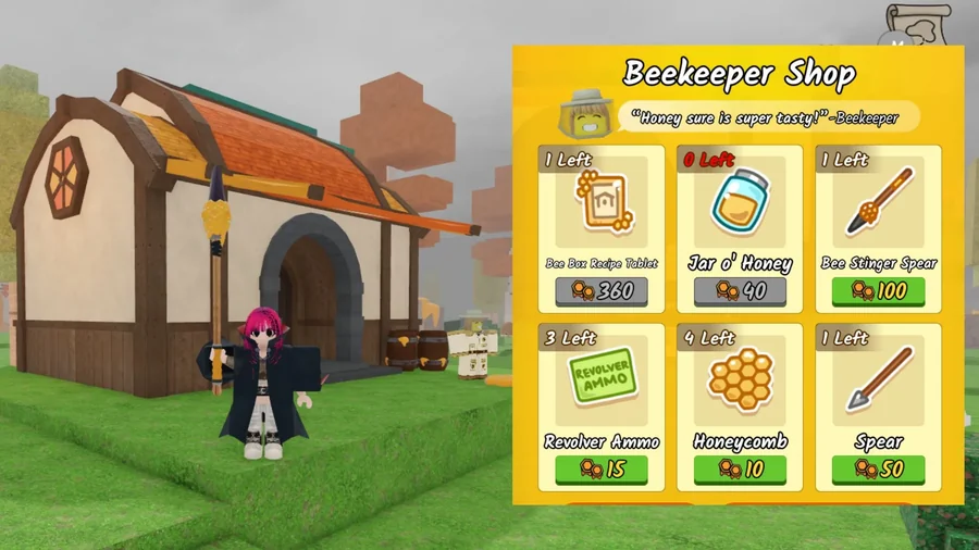 เมนู Beekeeper Shop มี Jar o’ Honey ตรงกลางแถวบน และ Bee Stinger Spear ทางขวา