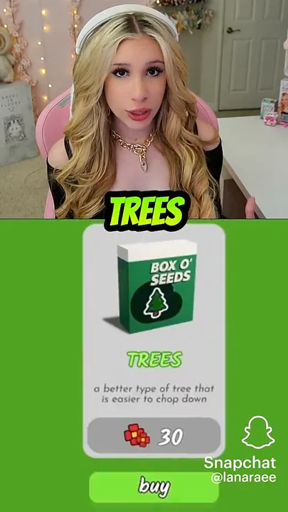 เมนู Tree Seeds ในช่วงเกมด้านล่างของวิดีโอ Lana Rae แสดงกล่องเมล็ดรูปต้นไม้และคำว่า TREES