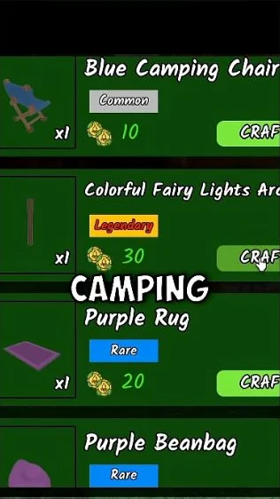 เมนู Blue Camping Chair แสดงเก้าอี้แคมป์สีน้ำเงินพร้อมชื่อ อยู่แถวบน