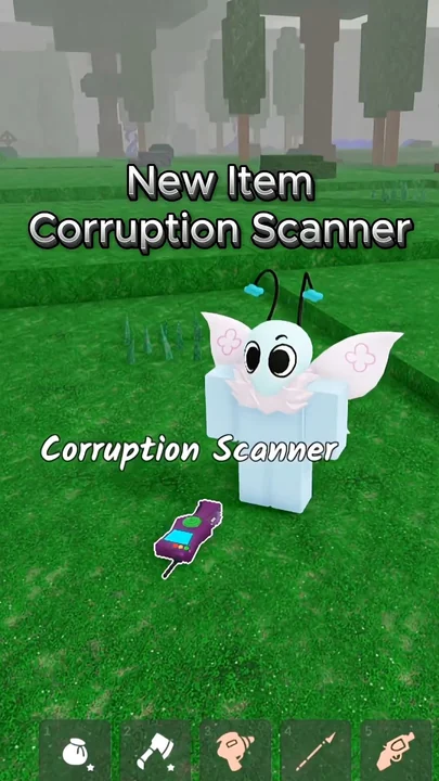 Corruption Scanner แบบพกพาสีม่วง พร้อมป้ายชื่อไอเทมในภาพจากเกม 99 Nights in the Forest