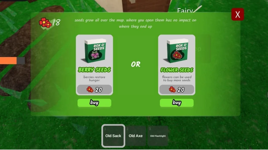 เมนู Fairy แสดง Flower Seeds กล่องสีเขียวรูปดอกไม้ทางขวา