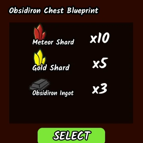 เมนูเลือกสูตร Obsidiron Chest Blueprint ที่ Meteor Anvil
