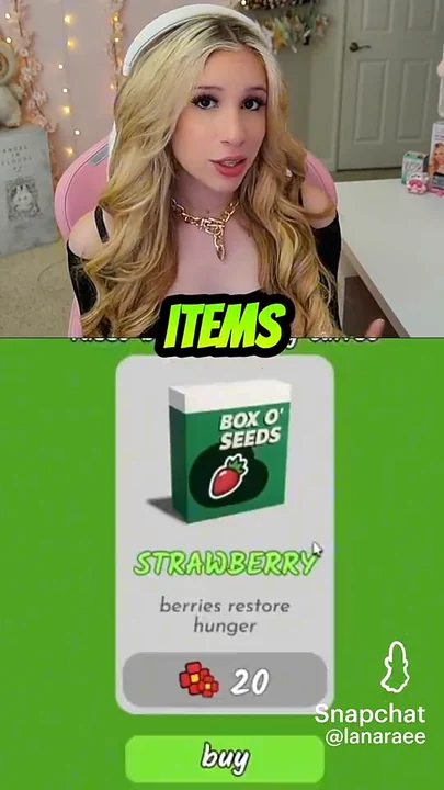 เมนู Strawberry Seeds ในช่วงเกมด้านล่างของวิดีโอ Lana Rae แสดงกล่องรูปสตรอว์เบอร์รี