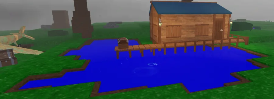 Fishing Cabin กระท่อมไม้หลังคาน้ำเงินริมบ่อน้ำ มีท่าไม้ยื่นออกไป