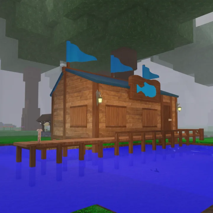 Fishing Hut กระท่อมไม้ติดธงสีน้ำเงินยื่นอยู่เหนือผิวน้ำ