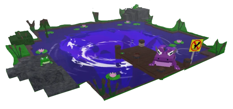 โมเดลทางเข้า Frog Cave บ่อน้ำวนสีม่วงและพื้นที่รอบบ่อ