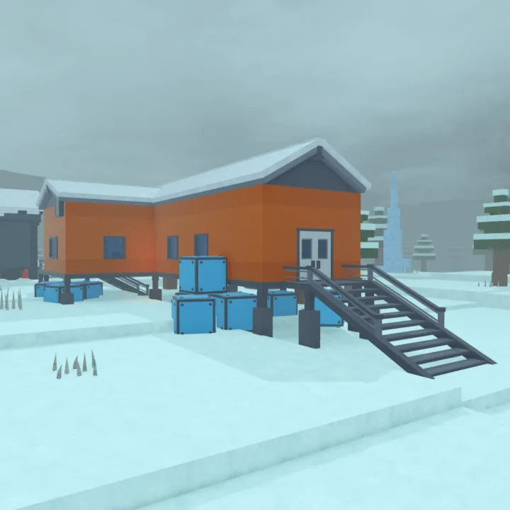 Ice Laboratory อาคารสีส้มกลางหิมะ มีถังและเครื่องมืออยู่ด้านหน้า