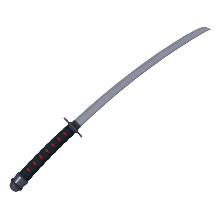 ดาบ Katana ใบมีดสีเงินโค้งเล็กน้อยและด้ามสีดำแดง