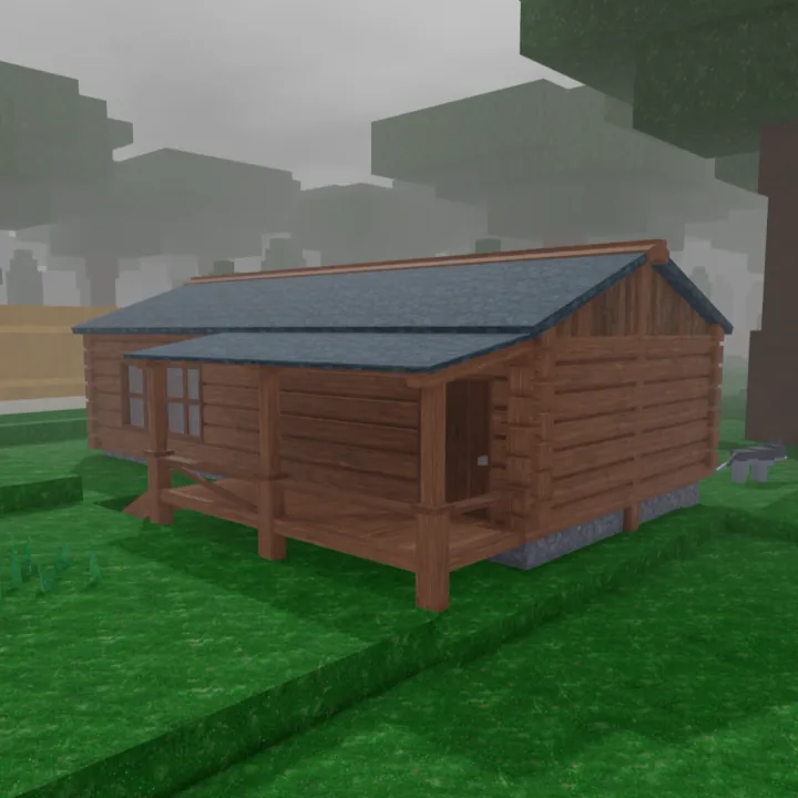 Medium Cabin กระท่อมไม้ทรงสี่เหลี่ยมขนาดกลาง มีหลังคาสีน้ำเงินเข้ม