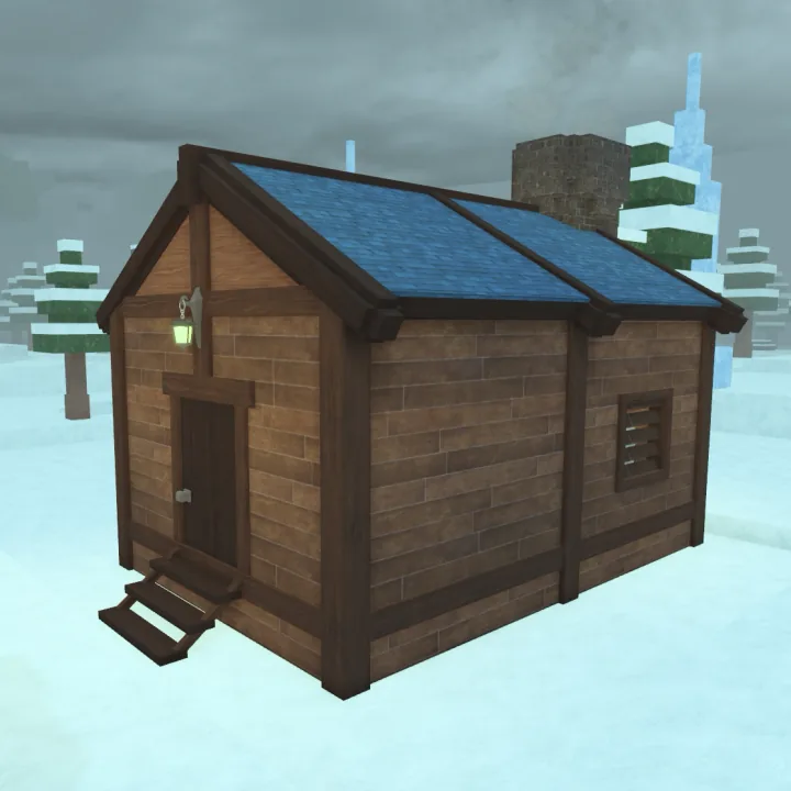 Medium Snow Cabin กระท่อมไม้หลังคาสีน้ำเงินกลางพื้นที่หิมะ