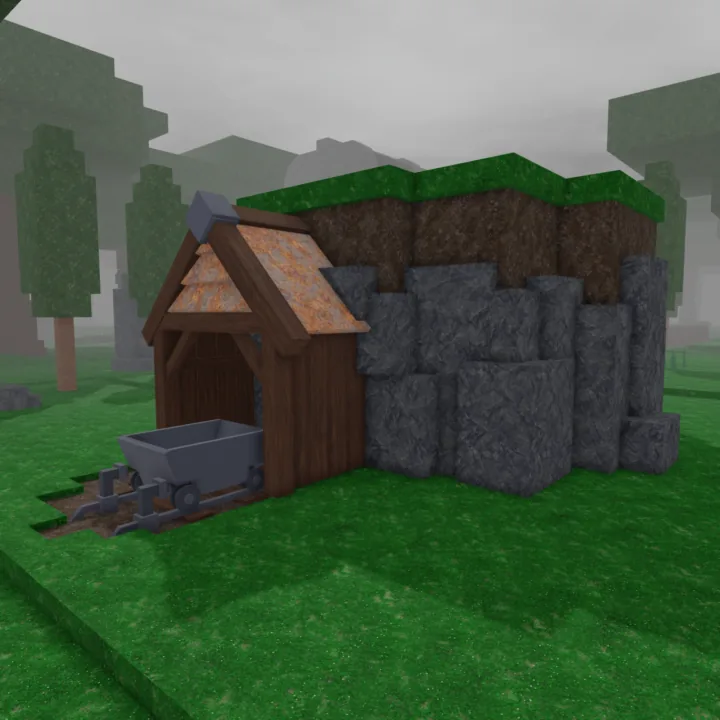 Mineshaft ปากเหมืองมีซุ้มไม้ รางรถเข็น และกองหินรอบทางเข้า