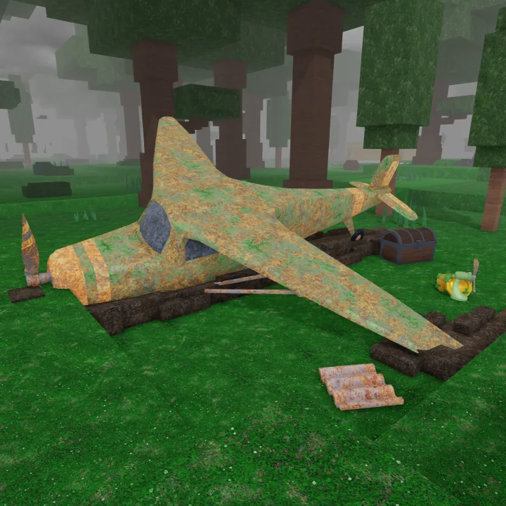 Plane Wreckage ซากเครื่องบินสีเหลืองที่มีลำตัวและปีกแตกอยู่กลางป่า