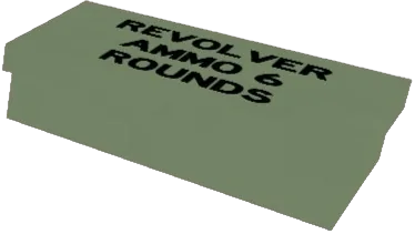 กล่อง Revolver Ammo สีเขียวเทามีข้อความระบุกระสุนปืนลูกโม่