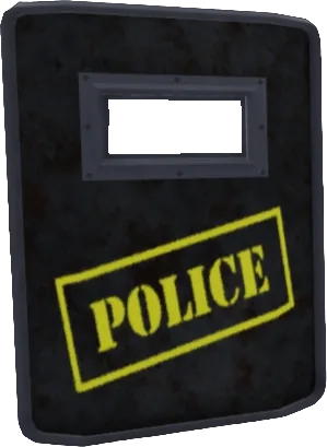 โล่ Riot Shield สีดำมีช่องมองและป้าย POLICE สีเหลือง