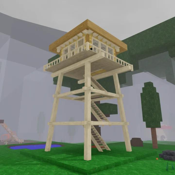 Watchtower หอเฝ้าระวังโครงไม้สีอ่อน มีบันไดขึ้นไปยังชั้นบนใต้หลังคา