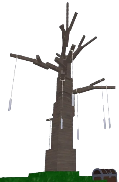 Wind Chime Tree ต้นไม้ไร้ใบ มีกระดิ่งแขวนตามกิ่งและหีบใกล้โคนต้น