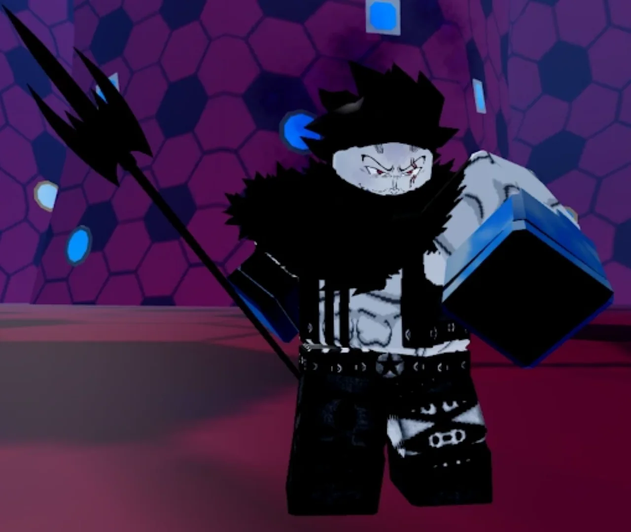 Dough King ถือ Spikey Trident อยู่ในมิติสีม่วงของ Cake Land ในเกม Blox Fruits