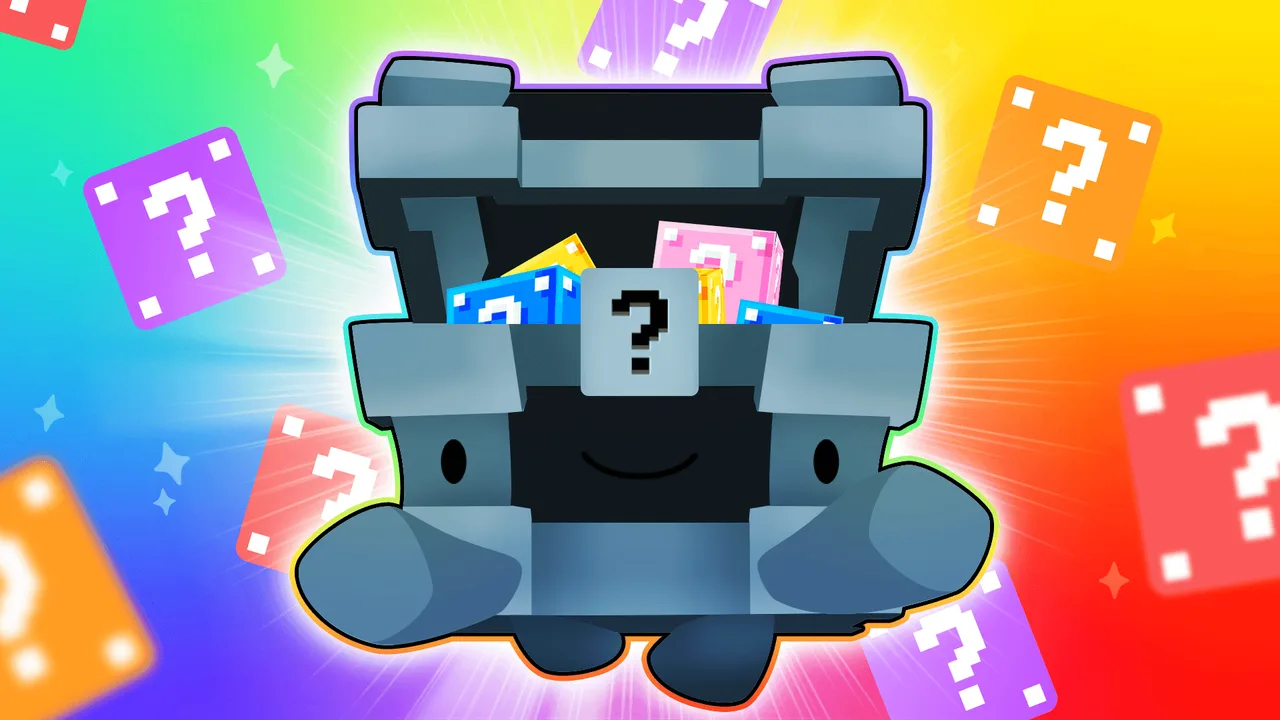 ภาพโปรโมต Lucky Block Blitz ของ Pet Simulator 99 เป็นสัตว์เลี้ยงรูปหีบล้อมด้วยบล็อกเครื่องหมายคำถาม