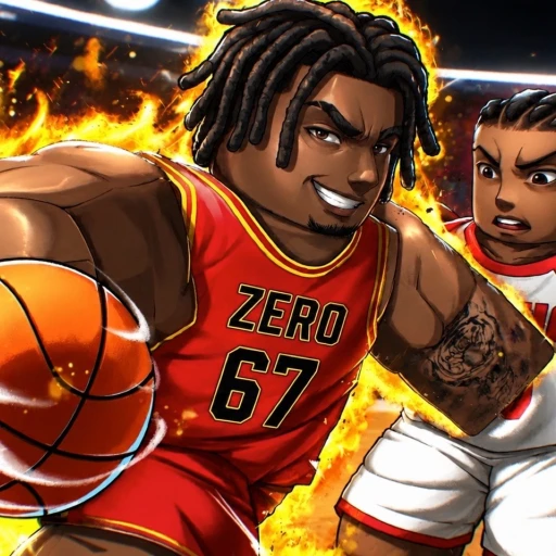 ภาพทางการ Basketball: Zero นักบาสเสื้อแดงหมายเลข 67 กับคู่แข่งในสนามไฟสีส้ม · ไอคอน Basketball: Zero