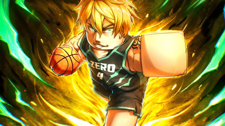 ภาพทางการ Basketball: Zero นักบาสผมทองถือบอลบนพื้นหลังสีเขียวเหลือง · Media Basketball: Zero · 127634905181906