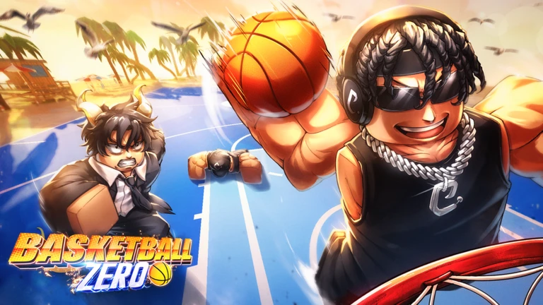 ภาพทางการ Basketball: Zero นักบาสสองคนกับลูกบาสและโลโก้ Basketball Zero · Media Basketball: Zero · 128783649533189