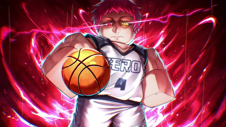 ภาพทางการ Basketball: Zero นักบาสเสื้อขาวหมายเลขสี่ถือบอลบนพื้นหลังแดง · Media Basketball: Zero · 73587796612051