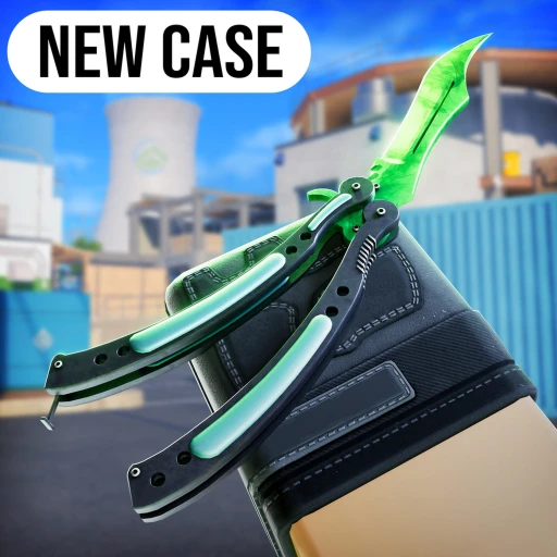 ภาพทางการ BloxStrike มีดสีเขียวบนฉากอาคารพร้อมคำว่า NEW CASE · ไอคอน BloxStrike