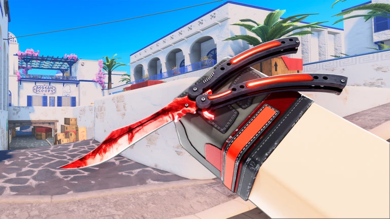ภาพทางการ BloxStrike มีดสีแดงในมือผู้เล่นบนฉากอาคาร · Media BloxStrike · 113450437966027