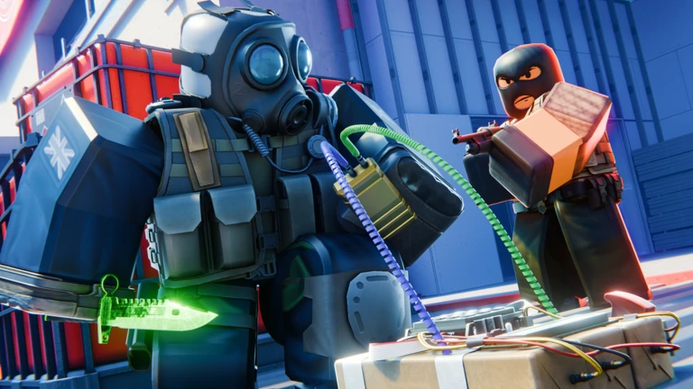 ภาพทางการ BloxStrike ตัวละครชุดเกราะกับอุปกรณ์หน้าฉากสีน้ำเงิน · Media BloxStrike · 113885762676006