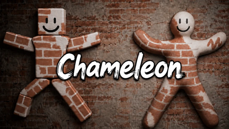 ภาพทางการ Chameleon!: รูปคนขนมปังสองตัวติดกับผนังและคำว่า Chameleon · ภาพไม่พิสูจน์ระบบ Paint & Seek ปัจจุบัน