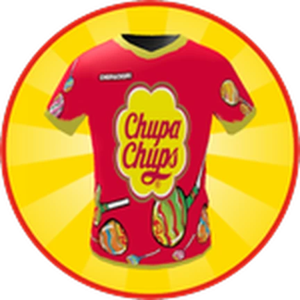 ไอคอนเสื้อฟุตบอลสีแดง Chupa Chups บนพื้นเหลือง จาก Climb and Jump Tower บน Roblox