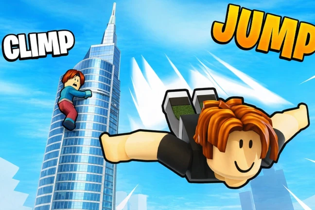 โปสเตอร์ตัวละครปีนตึกกระจกแล้วกระโดด จาก Climb and Jump Tower บน Roblox