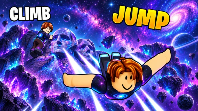 โปสเตอร์ตัวละครกระโดดในฉากอวกาศสีม่วง จาก Climb and Jump Tower บน Roblox