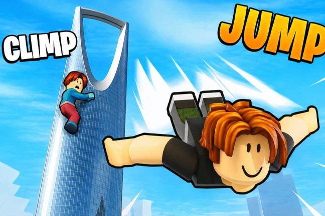 โปสเตอร์ตัวละครปีนตึกโค้งแล้วกระโดด จาก Climb and Jump Tower บน Roblox
