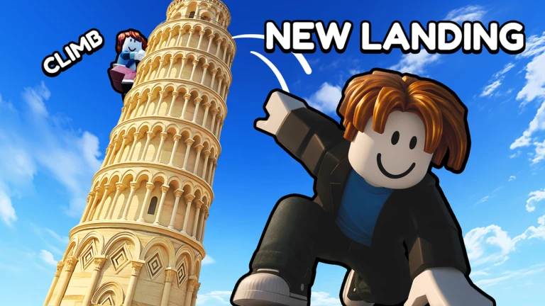 โปสเตอร์หอเอนปิซากับข้อความ NEW LANDING จาก Climb and Jump Tower บน Roblox