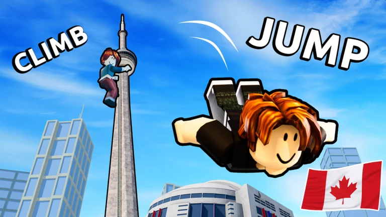 โปสเตอร์ตัวละครกระโดดจากหอคอยพร้อมธงแคนาดา จาก Climb and Jump Tower บน Roblox