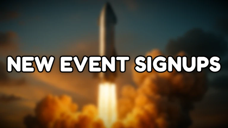 ภาพจรวดพร้อมข้อความ NEW EVENT SIGNUPS จาก Climb and Jump Tower บน Roblox