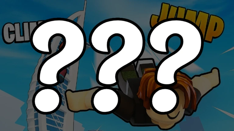 โปสเตอร์ตัวละครกระโดดพร้อมเครื่องหมายคำถามขนาดใหญ่ จาก Climb and Jump Tower บน Roblox