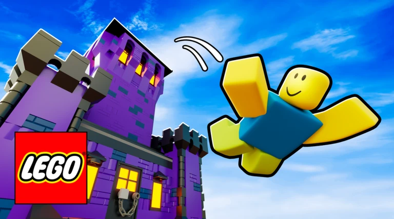 ภาพหอผีสิง LEGO กับตัวละครสีเหลือง จาก Climb and Jump Tower บน Roblox