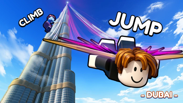 โปสเตอร์ตึกสูงดูไบสีม่วง จาก Climb and Jump Tower บน Roblox